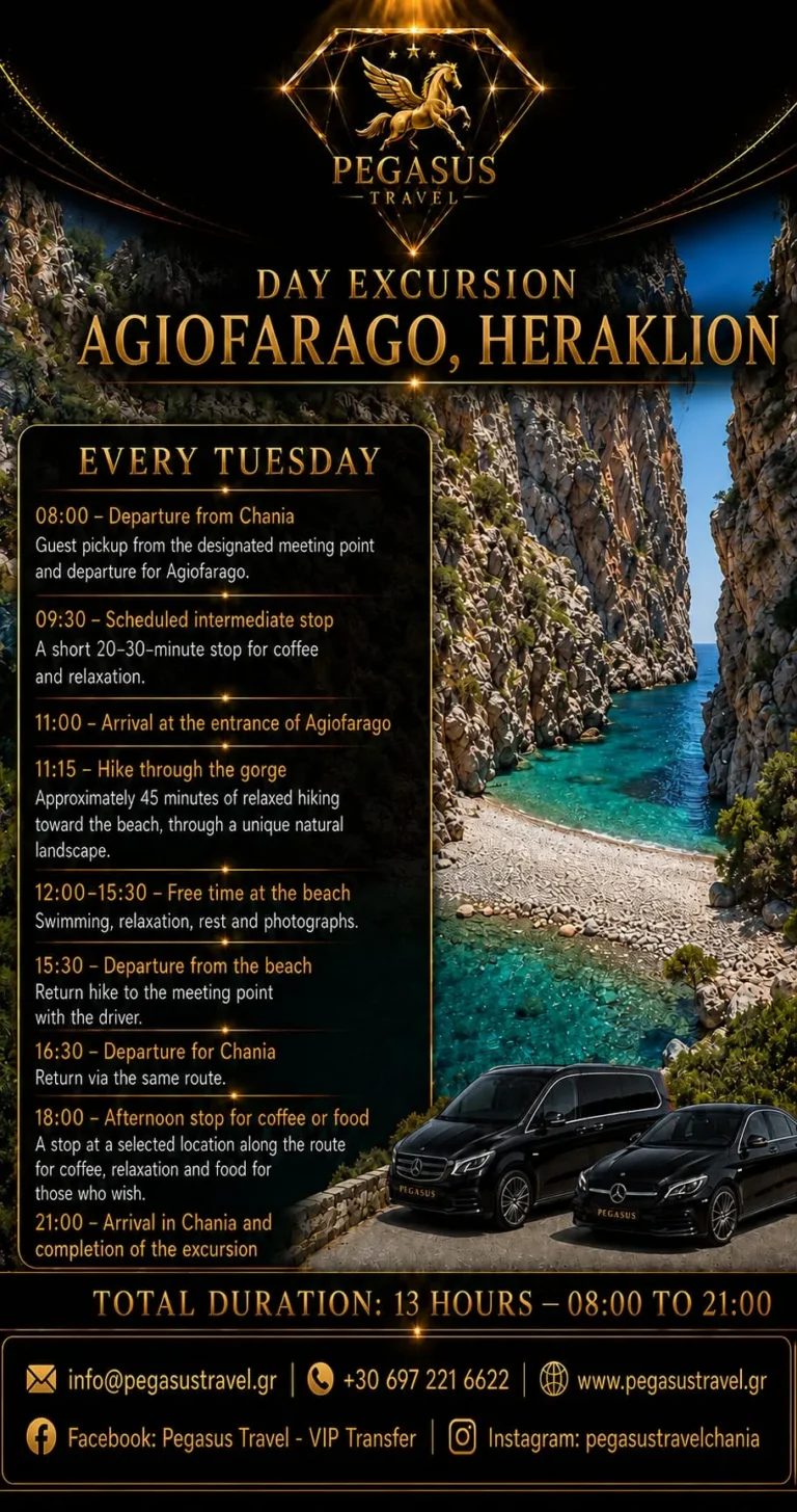 Agiofarago Heraklion Pegasus Travel Chania VIP Transfers and Tours